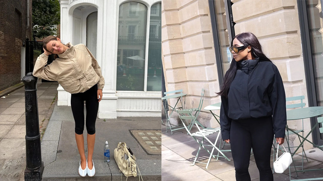 Woman styling black gym leggings with a casual jacket