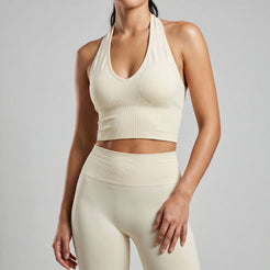 Ascend seamless halter sports bra in almond front view