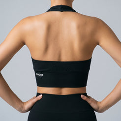 Ascend seamless halter sports bra in black back view