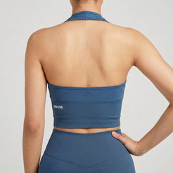 Ascend seamless halter sports bra in blue back view