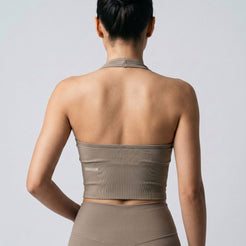 Ascend seamless halter sports bra in cocoa back view