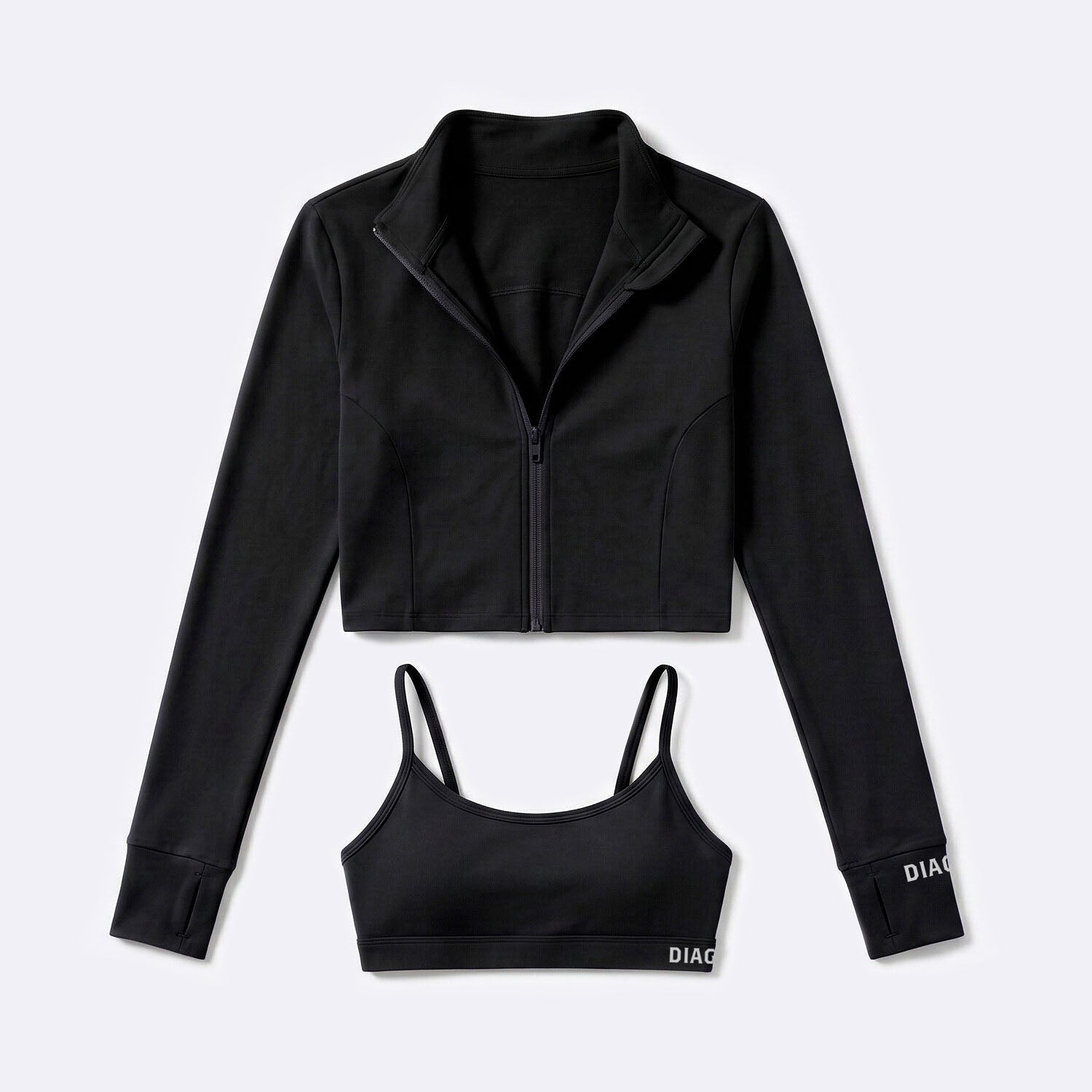 Tempo 3-piece women’s training set in black, sports bra and zip top jacket view