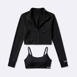 Tempo 3-piece women’s training set in black, sports bra and zip top jacket view