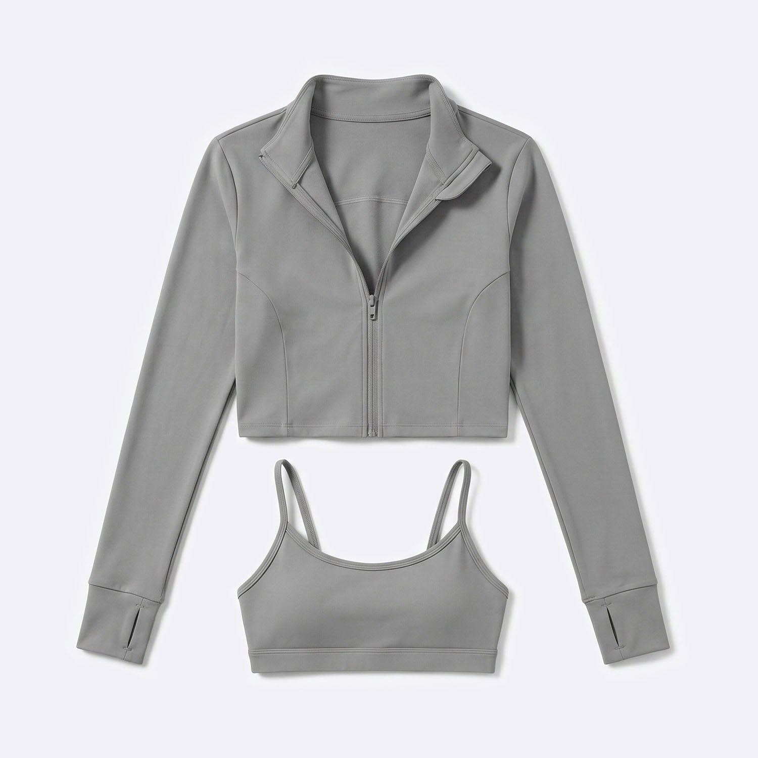 Tempo 3-piece women’s training set in mist grey, zip top and bra view