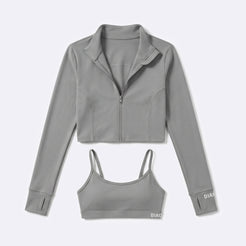 Tempo 3-piece women’s training set in mist grey, sports bra and zip top jacket view
