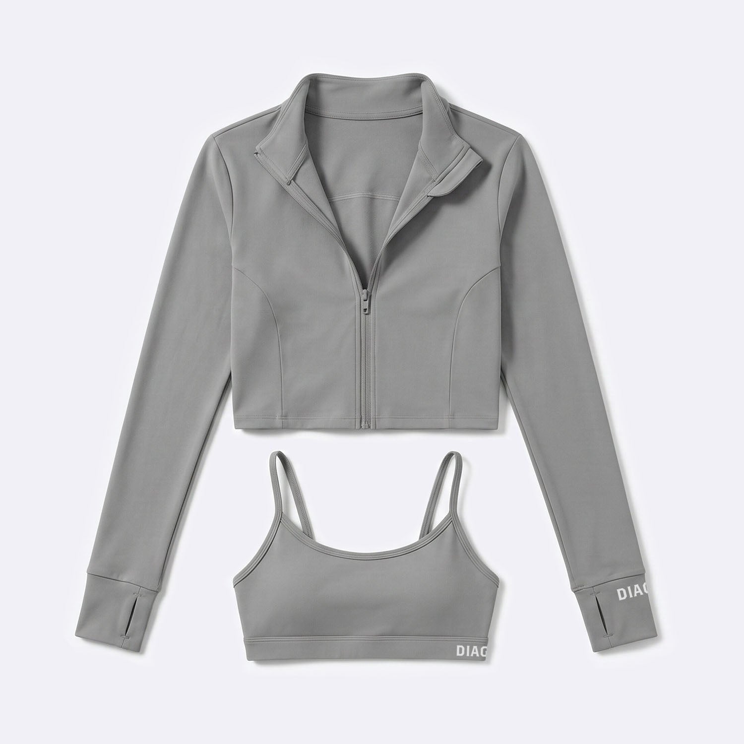 Tempo 3-piece women’s training set in mist grey, sports bra and zip top jacket view