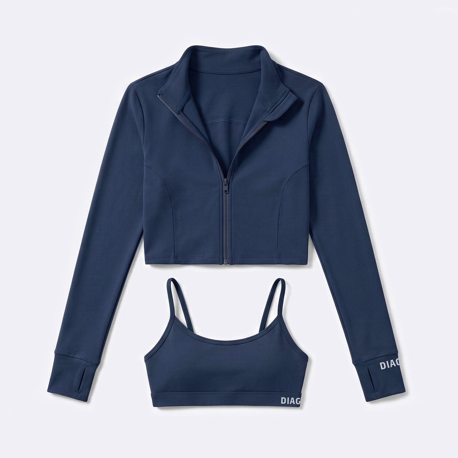 Tempo 3-piece women’s training set in navy, sports bra and zip top jacket view