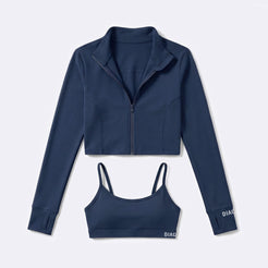 Tempo 3-piece women’s training set in navy, sports bra and zip top jacket view