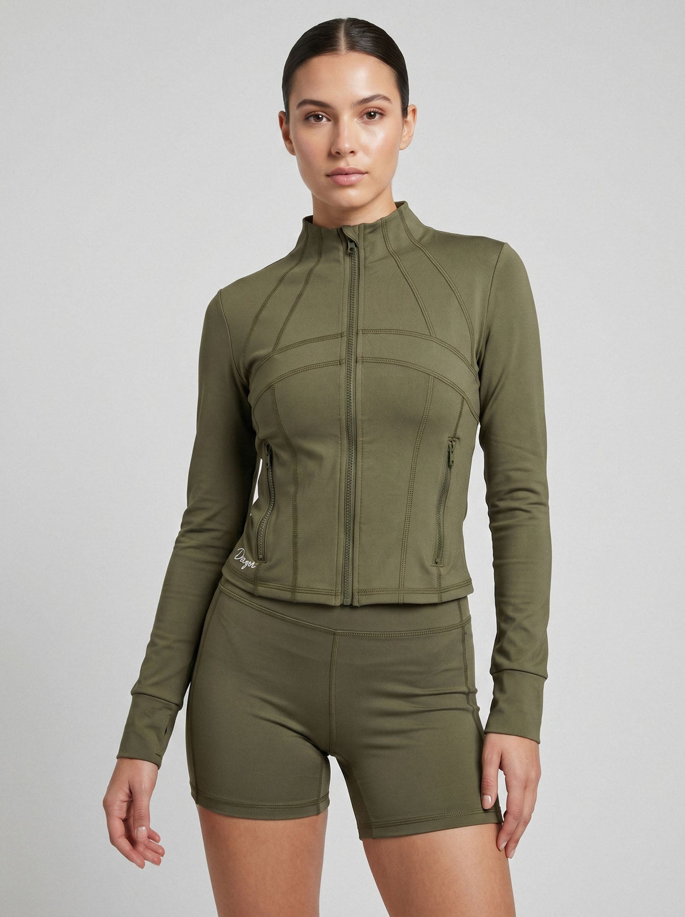 Charge women’s full zip jacket and shorts set in olive front view