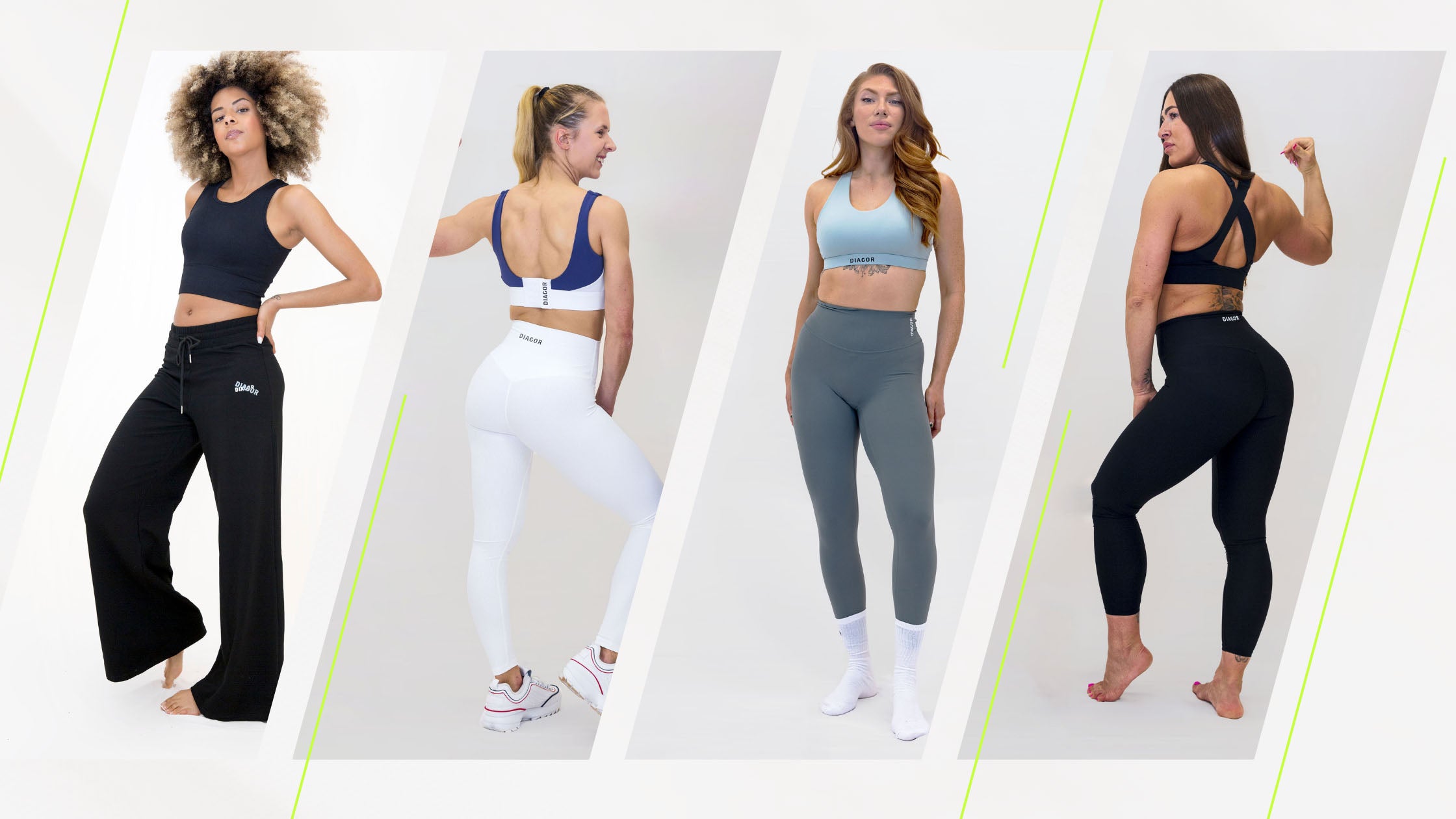 Four women wearing DIAGOR workout outfits like sports bras, leggings, sweatpants